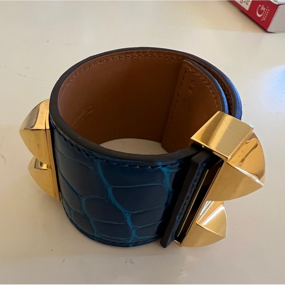 Hermès Shiny Alligator Collier De Chien CDC Bracelet Bleu Izmir - Picture 1 of 9